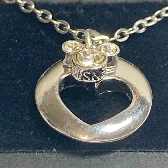 Vintage Disney Mickey Mouse Necklace Ears Heart Crystal Charm 18" Signed - Picture 3 of 9